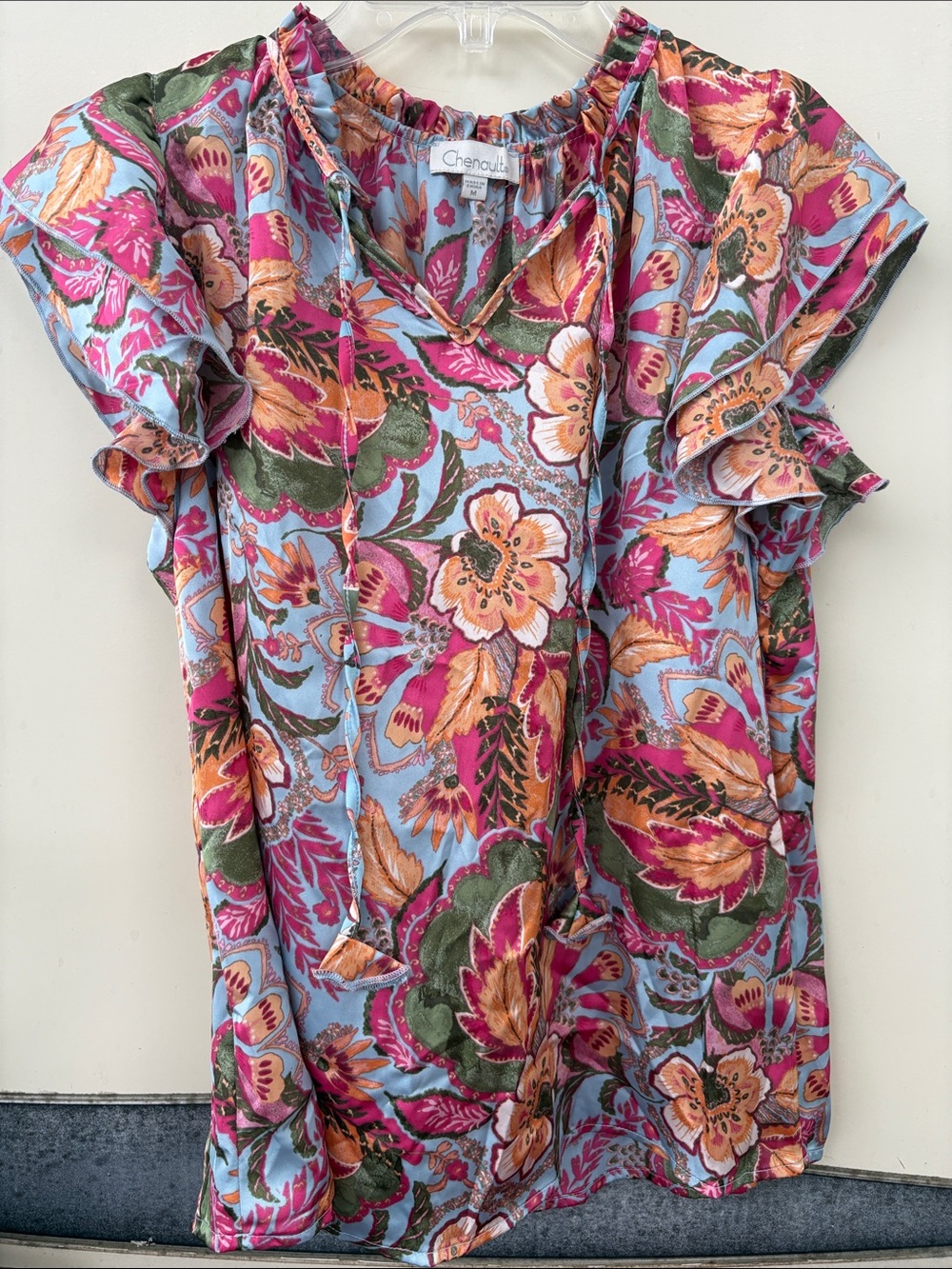 Chenault Multicolor Floral Ruffle Sleeve Blouse - Pink, Blue, Green